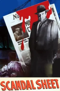 Pôster noir:homem sério de chapéu e sobretudo,sangue escorre de jornal com crime,mulher morta no chão. Clima sombrio.