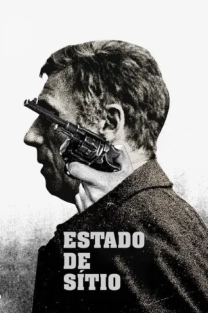 Homem em perfil, com um revólver contra a têmpora, em imagem P&B granulada. Clima de tensão e ameaça.