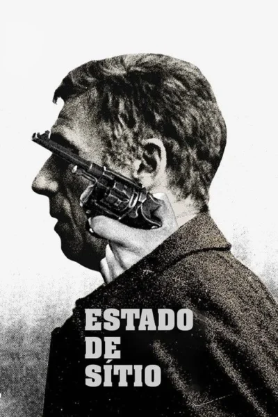 Homem em perfil, com um revólver contra a têmpora, em imagem P&B granulada. Clima de tensão e ameaça.