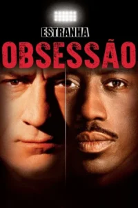 Pôster com faces divididas de dois homens,um claro e um escuro,com olhares intensos. Luzes brilhantes no topo,clima sombrio e tenso.