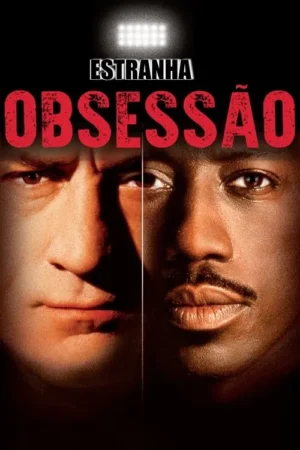 Pôster com faces divididas de dois homens, um claro e um escuro, com olhares intensos. Luzes brilhantes no topo, clima sombrio e tenso.