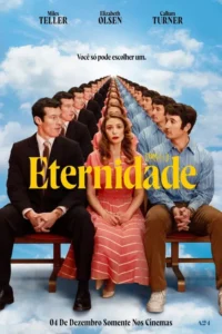 Mulher séria entre dois homens (um de terno,outro de camisa),com infinitas cópias atrás. Cenário de céu azul e nuvens. Escolha e repetição.