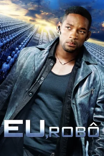 Homem de jaqueta de couro olha sério. Atrás, exército de robôs azuis sob céu dramático e brilhante. Clima futurista.