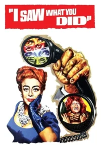 Pôster vintage. Mulher elegante olha fixamente. Mão segura telefone com múltiplos olhos;outra mulher assustada é sufocada no disco. Clima de terror e suspense.