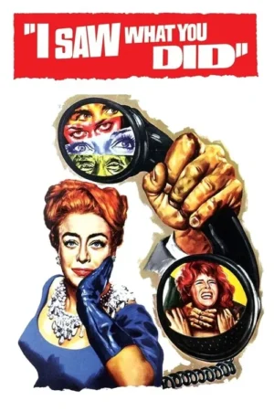 Pôster vintage. Mulher elegante olha fixamente. Mão segura telefone com múltiplos olhos; outra mulher assustada é sufocada no disco. Clima de terror e suspense.