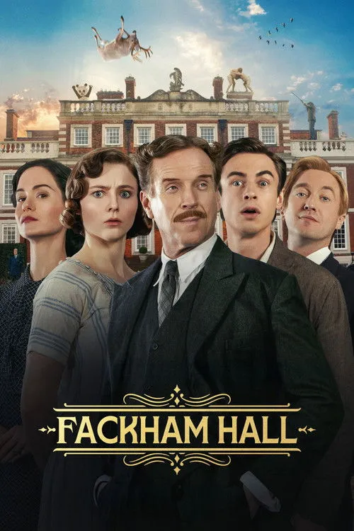 Fackham Hall 1 Pôster. 5 personagens de época com expressões surpresas,à frente de uma mansão. Um veado voador e estátuas peculiares no telhado. Clima cômico/surreal.