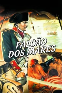 Pôster:Oficial naval com chapéu bicorne olha para batalha de navios a vela em mar agitado. Cenário de aventura e combate marítimo.