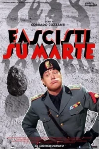 Pôster: Oficial militar com careta cômica num cenário rochoso cinza, com meteoro flutuante. Humor absurdo.