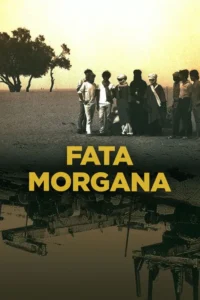 Homens em deserto árido com árvores esparsas sob céu claro. Parte inferior mostra estruturas invertidas. Clima misterioso e desolador.
