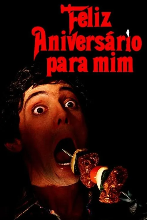 Pôster: Homem com olhos arregalados e boca escancarada, um espeto de carne e vegetais entrando em sua boca. Fundo preto. Clima sombrio.
