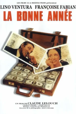 Maleta aberta com dólares, retratos sorridentes de um homem e uma mulher em notas de francos por cima. Sugere crime e romance.