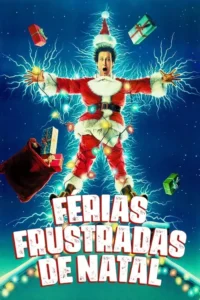 Homem de Papai Noel com expressão chocada,eletricidade emana dele e luzes de Natal o envolvem. Presentes flutuam,clima cômico e caótico.