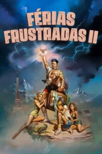 Homem musculoso com mala e garrafa brilhante lidera jovens assustados em ilha voadora. Pontos turísticos e céu tempestuoso.