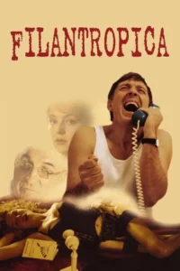 Homem em regata grita ao telefone,punho cerrado. Rostos fantasmagóricos e mulher deitada compõem cena dramática e tensa.