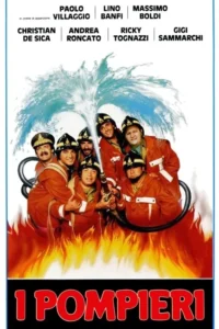 Sete bombeiros sorridentes com uniformes laranjas e capacetes jogam água em chamas no chão. Clima cômico.