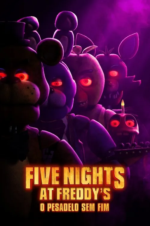 Personagens animatrônicos assustadores com olhos vermelhos brilhantes,como urso e coelho,emergem de uma névoa roxa escura. Clima de horror.