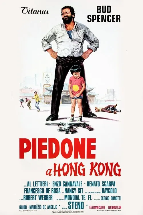 Flatfoot in Hong Kong 1 Homem barbudo e grande em pose protetora sobre criança sorridente. Armas no chão,figuras em luta,cenário urbano asiático.