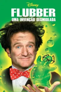Homem sorridente e bagunçado,de gravata borboleta,segura uma criatura verde gosmenta com óculos. Fundo verde vibrante com bolhas,clima cômico.