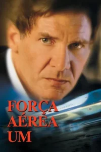 Homem sério de terno,com olhar intenso,olha fixamente. Embaixo,um avião grande azul e branco voando. Clima de suspense.