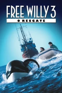 Uma orca emerge da água azul-turquesa,seguida por dois jovens num bote inflável e um navio pesqueiro no fundo.