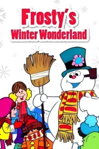 Pôster animado: Um boneco de neve sorridente com chapéu e cachecol, segurando uma vassoura, junto a crianças felizes em roupas de inverno. Fundo nevado.