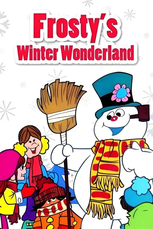Pôster animado: Um boneco de neve sorridente com chapéu e cachecol, segurando uma vassoura, junto a crianças felizes em roupas de inverno. Fundo nevado.