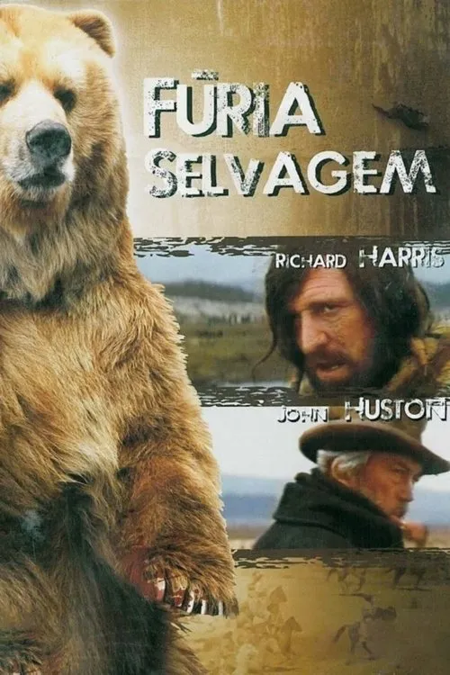 Urso-pardo grande à esquerda. À direita,dois homens em paisagens agrestes:um barbudo e um mais velho de chapéu. Clima de aventura selvagem.