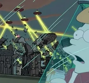 Personagem de desenho chocado em cápsula. OVNIs atacam uma cidade com lasers, causando destruição e escombros voando. Cena de caos.