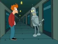 Homem de cabelo espetado e robô cinza sorridente em corredor escuro. O robô abre uma porta com código binário. Clima futurista.