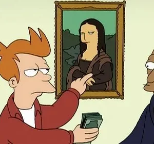 Homem ruivo oferece dinheiro a homem de robe, mulher de cabelo roxo ao lado. Pintura da Mona Lisa estilizada na parede.