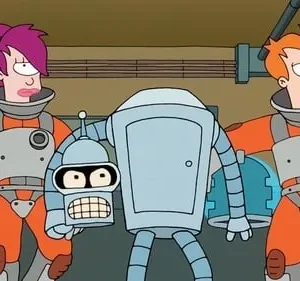 Desenho animado. Uma mulher e um homem de trajes espaciais laranja observam um robô com cabeça incomum dentro de uma nave.