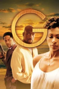 Três personagens negros:um homem com arma,outro com rosto em 'G'dourado,e uma mulher pensativa. Fundo de pôr do sol sobre o mar,com clima intenso.