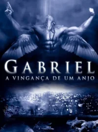 Figura alada musculosa com arma, olhando para luz celestial. Abaixo, uma cidade destruída e corpos. Clima sombrio e apocalíptico.