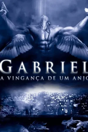 Figura alada musculosa com arma, olhando para luz celestial. Abaixo, uma cidade destruída e corpos. Clima sombrio e apocalíptico.
