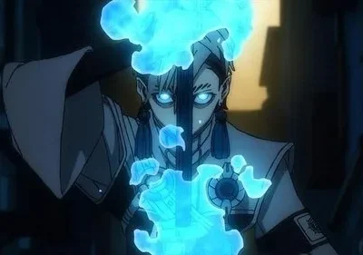 Personagem de anime sério com olhos azuis brilhantes, empunhando uma energia azul luminosa que cobre parte de seu rosto. Cena escura e mística.