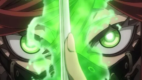 Rosto de anime. Olhos verdes brilhantes, cabelo ruivo. Máscara escura. Lâmina verde energética e mão à frente. Olhar intenso de poder mágico.