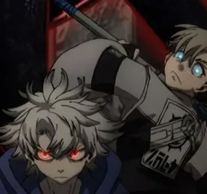 Dois jovens em estilo anime. Um de cabelo branco com olhos vermelhos intensos; outro, de cabelo loiro, empunha uma arma grande. Cenário escuro e ameaçador.