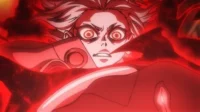 Personagem anime com olhos arregalados e assustados, envolto em uma aura vermelha intensa e caótica. Cenário vermelho.