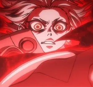 Personagem anime com olhos arregalados e assustados, envolto em uma aura vermelha intensa e caótica. Cenário vermelho.