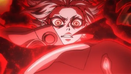Personagem anime com olhos arregalados e assustados, envolto em uma aura vermelha intensa e caótica. Cenário vermelho.