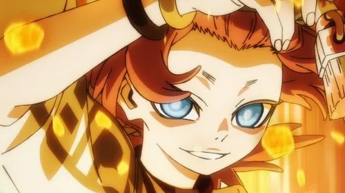 Pôster anime: Rosto de personagem com cabelo laranja, olhos azuis brilhantes e sorriso astuto. Fundo dourado luminoso com partículas flutuantes.