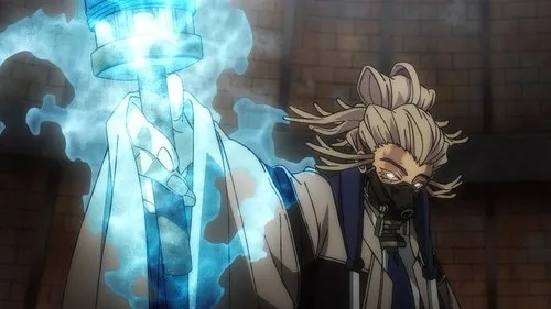 Personagem de anime com máscara e olhos brilhantes, cabelo espetado, segura cajado azul-cintilante. Fundo escuro. Clima misterioso e poderoso.