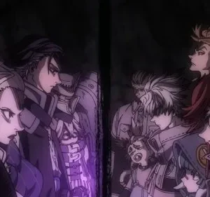 Duas equipes de personagens de anime se encaram em um ambiente escuro com luz roxa. Expressões variam de sorrisos sinistros a sérias, criando tensão.