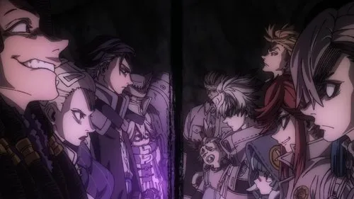 Duas equipes de personagens de anime se encaram em um ambiente escuro com luz roxa. Expressões variam de sorrisos sinistros a sérias, criando tensão.