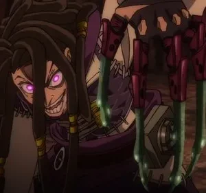 Personagem anime com dreadlocks, olhos roxos brilhantes e sorriso sinistro. Exibe uma garra mecânica verde luminescente em fundo escuro, clima ameaçador.