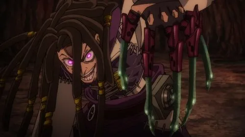Personagem anime com dreadlocks, olhos roxos brilhantes e sorriso sinistro. Exibe uma garra mecânica verde luminescente em fundo escuro, clima ameaçador.