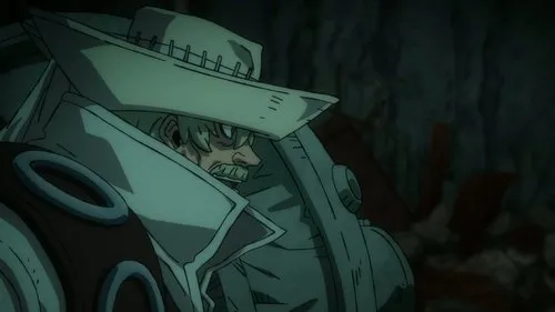 Um personagem animado de chapéu largo e casaco claro, com bigode, olha sério em um cenário escuro e destruído.
