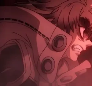 Close-up de personagem de anime masculino com expressão de raiva intensa, dentes cerrados, cabelo espetado, em fundo vermelho escuro e dramático.