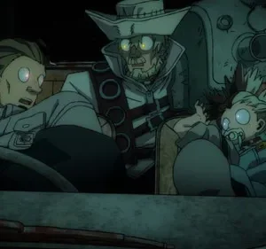 Anime: Motorista, homem de chapéu e bebê com chupeta em carro escuro. Olhos brilhantes e expressões de choque. Clima intenso.