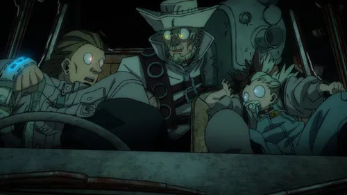 Anime: Motorista, homem de chapéu e bebê com chupeta em carro escuro. Olhos brilhantes e expressões de choque. Clima intenso.